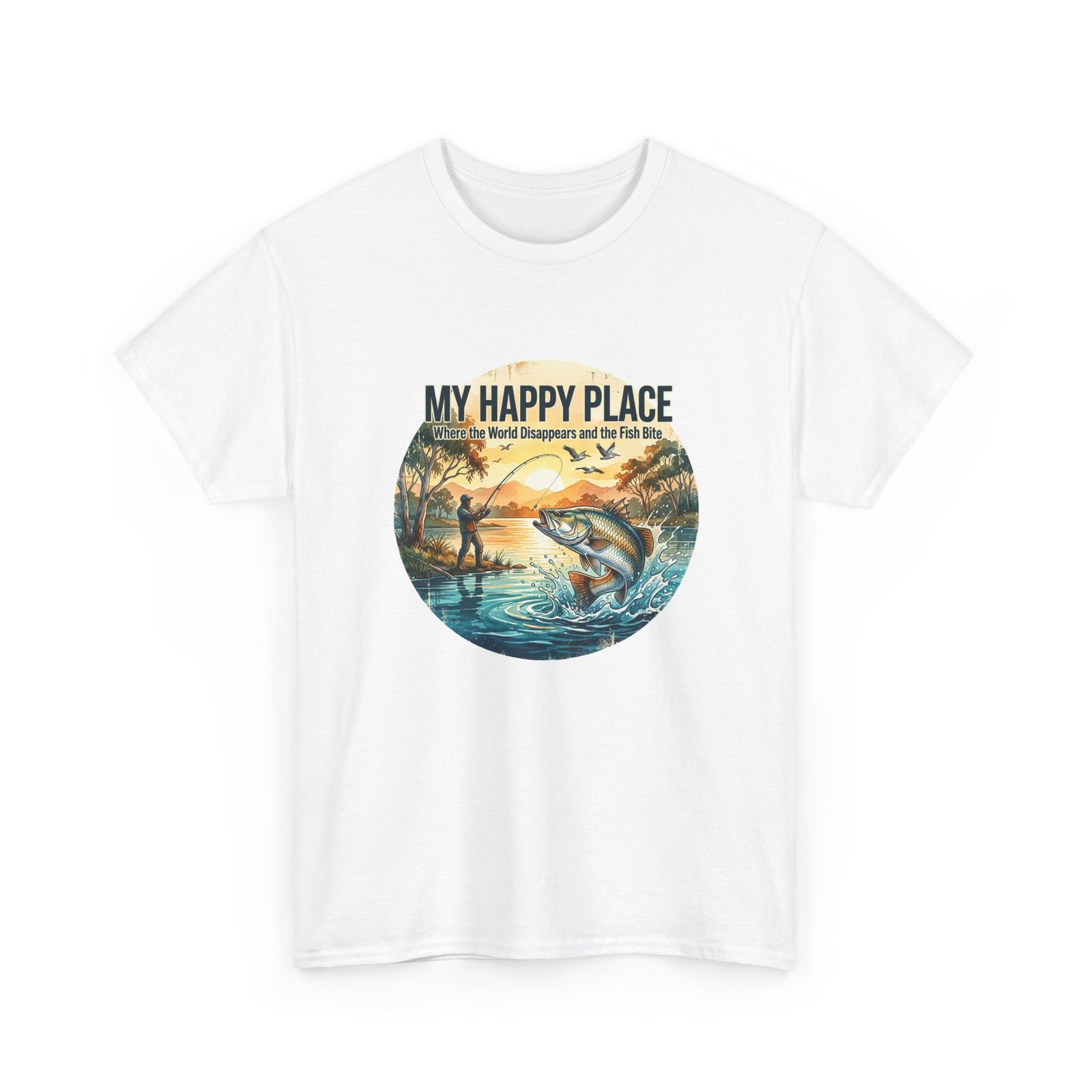 My Happy Place Fishing T‑Shirt — Vintage Sunset Bass Shirt for Anglers