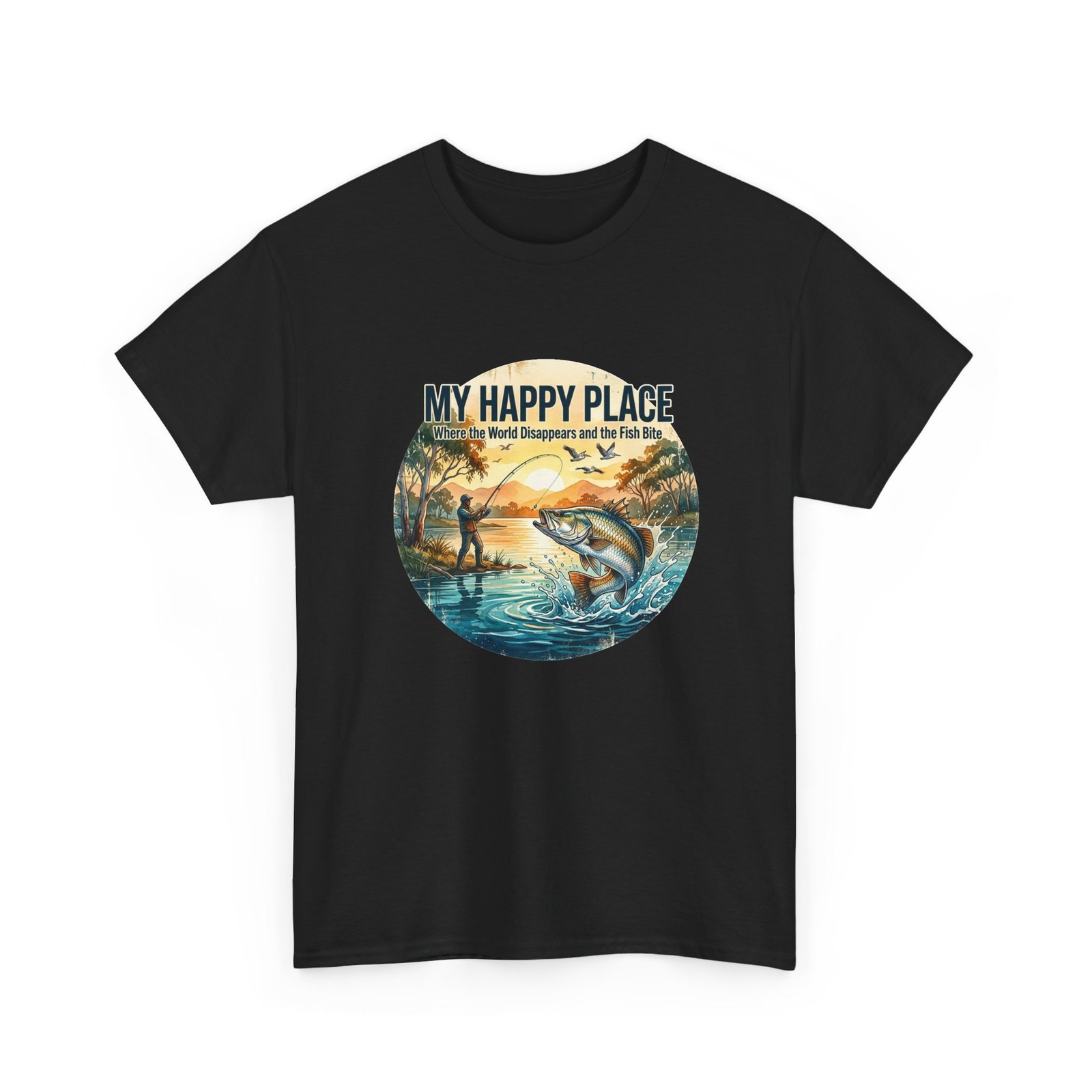 My Happy Place Fishing T‑Shirt — Vintage Sunset Bass Shirt for Anglers - Image 2